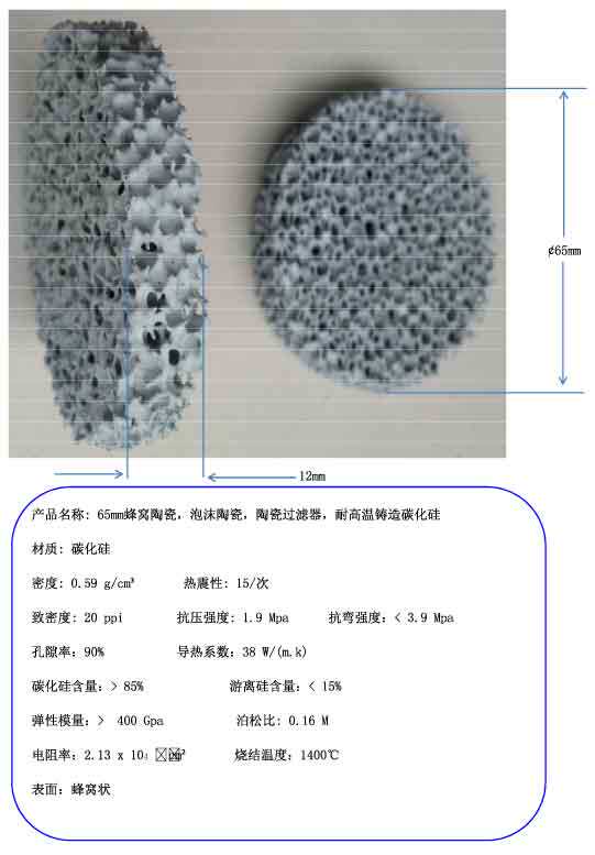 65mm honeycomb ceramics foam ceramics ceramic filters high temperature-resistant cast silicon carbide