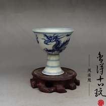 Daming Xuande handmade blue and white single dragon figure tall wine glass Teacup Jingdezhen antique old porcelain