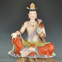 Unique Collection of Porcelain Carvings of the Republic of China Zeng Longsheng Made Principal Enamel Color Holding Lotus Guanyin Bodhisattva Ensuming Ornaments