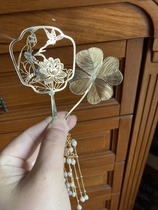 Chinese style freshwater pearl four-leaf clover fan bookmark handmade custom fashion cultural and creative hollow metal literature and art