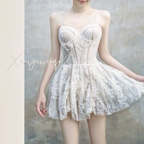 (Xia Ye Weiqi) Fairy Lace Dress Sexy Small Chest Steel Tor Thin Belly Conservative One-Body Swimsuit Hot Spring