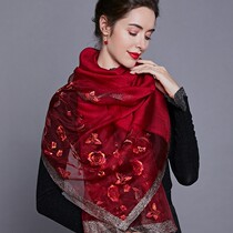 Thin silk scarf womens mulberry silk foreign-made long scarf silk wool embroidery autumn gauze cheongsam shawl