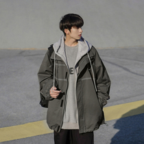 E022 spring coat mens jacket fake two pieces hooded labeled overalls style jacket loose drawstring student casual top