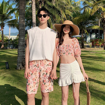 Couple swimsuit summer 2021 new floral small fresh age reduction thin white small chest bandeau cute student swimsuit