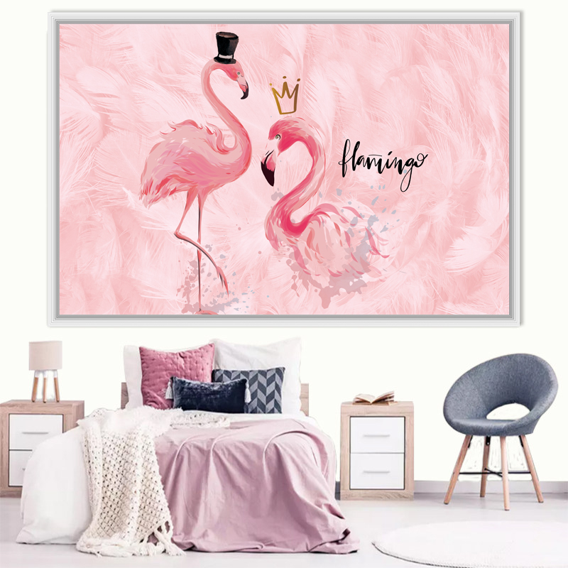 Wallpaper Self-adhesive Bedroom Wall Painting Nordic Ins Flamingo Wall Painting Girl Heart Bed Net Red Background Wall Decoration
