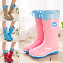 Rain Shoes Lady Spring Autumn Fashion Pure Color Medium Cylinder High Cylinder Non-slip Water Boots Adult Waterproof Shoes Plus Suede Detachable Rain Boots