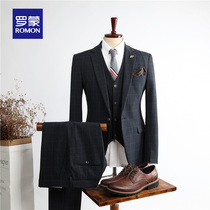 Romon mens suit suit set groom wedding dress best man suit three-piece business plaid dress suit men