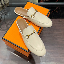 2021 new summer leather bag head half slippers female Muller shoes horse Title buckle lazy lofo sandals wear flat bottom