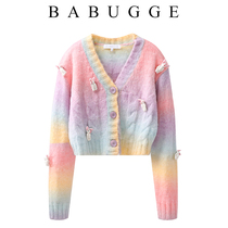 Autumn and winter 2021 New lazy wind rainbow sweater coat womens short vneck knitted cardigan gentle style top