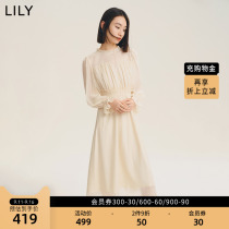 LILY2022 autumn new womens elegant temperament solid color foreign atmosphere high vintage slim high-waist long-sleeved dress