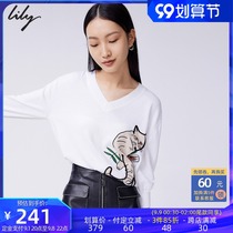 LILY2021 autumn new womens playful cat jacquard temperament V-collar seven-point sleeve waist pullover knitted sweater
