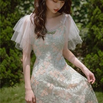 Summer new female retro French girl very fairy embroidered mesh dress sweet Mori first love skirt gentle