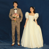 Satin light wedding dress 2021 New French vintage bubble sleeve bride to go out gauze White simple evening dress