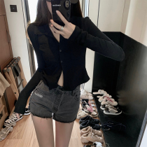 Good morning Fan Fan long-sleeved lapel sunscreen cardigan womens outside air conditioning shirt Summer thin slim short knitted top