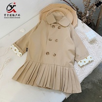 2022 spring new girls solid color windbreaker foreign style pleated baby baby long British lapel coat