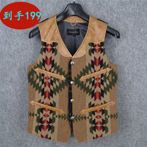 Navajo Jacquat denim head layer oil wax cowhide leather leather leather mens locomotive coat slim spring vest