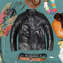 The first layer of sheepskin leather leather leather mens slim body stand locomotive uniform beautiful handsome youth leisure Beckham