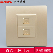 Gold hidden four-core telephone panel plug 86 type household 4-core fixed telephone line through the information wall socket