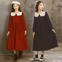 Autumn girls lace collar dress foreign style square collar velvet princess skirt in the big boy French temperament high-waisted long skirt