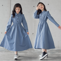 2022 springtime girl temperament one-piece dress with a large child minimalist style Art and art Wind collection waist long dress cotton fabric skirt