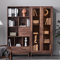 Solid wood bookcase bookshelf custom light luxury cabinet with glass door locker Japanese narrow cabinet black walnut combination cabinet