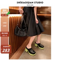 Shi XiaoQian Super fire Net Red Tide womens shoes 2021 new leather high heel thick heel BK κ BV Baotou Half Drag Female summer