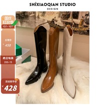 Stone small money Western cowboy boots female 2021 New pointed high boots V mouth Knight boots leather knee boots