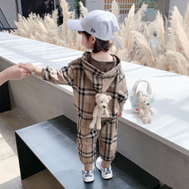 Childrens clothing girls Autumn New 2021 spring and autumn suit baby Foreign style cute childrens plaid sweater two-piece set