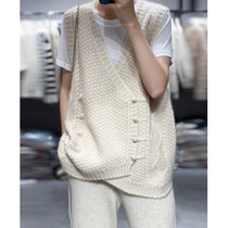 Knitted vest female spring and autumn cardigan 2021 New loose lazy retro disc buckle V collar sweater vest