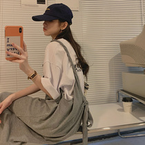 Gentle wind gray strap suspender dress womens summer 2021 new French loose casual split long dress