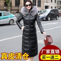 Winter new Haining sheep leather down jacket womens long knee slim fit large size thin thick coat