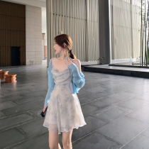 ByYou sky blue and other smoky rain high-end temperament v-neck floral dress waist thin suspender Chiffon a-line skirt