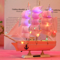 Creative girl heart solid wooden sailboat ornaments living room with lamp Mediterranean style wine cabinet pure handmade gift model boat