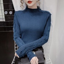 Large size 2020 Autumn and Winter new semi-turtleneck sweater base shirt Womens inner top lace stitching slim knit