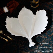 European style simple leaf 3 partition plate European creative craft solid color ceramic three partition plate white plate