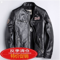New racing suit top layer cowhide stand collar motorcycle leather jacket jacket Ameka machine leather jacket mens trend