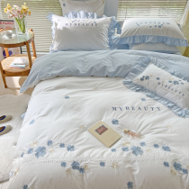 Clear and refreshing butterfly Lan | Little fresh embroidery full cotton washed cotton four pieces of pure cotton male main wind spring summer bed