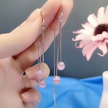 2022 new Korean temperament earrings S925 pure silver minimalist fashion pink cat eye stone long stream sueared line