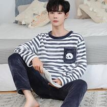 Mens winter young students plus velvet thick coral velvet pajamas autumn models can be worn outside flannel home suit suit