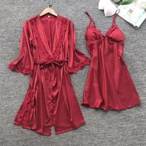 Summer simulation simulation silk silk dress twin sleepy sleepy skirt spring and autumn thin pajamas suit