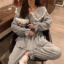 Coral velvet pajamas womens autumn and winter baby collar students cute plus velvet thick long sleeve warm home clothing two-piece set
