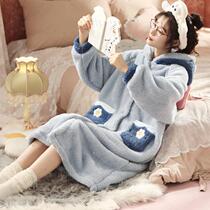 Pajamas womens autumn and winter long cartoon cute coral velvet nightgown winter thickened velvet hooded flannel Sleep Full