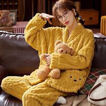 Coral velvet pajamas womens autumn and winter plus velvet padded flannel student cartoon pajamas womens suits fugitive princess style