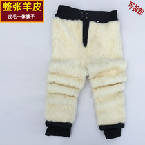  Autumn and winter middle-aged and elderly wool pants mens velvet thickened leather warm fur one-piece high-waisted sheepskin cotton pants