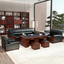 New Chinese business sofa Reception room Guest Area Simple Red Solid Wood Real Leather Office Sofa Tea Table Composition Suit