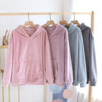 Winter island velvet pajamas womens single piece top Spring and autumn coral velvet thin velvet pullover hood long sleeve sweatshirt can be worn outside