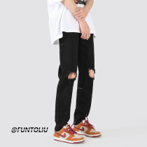 @ Harbour Tsai Art Men Black Broken Cave Jeans Mens Summer Thin straight drum High Street Chains Pants Casual Pants