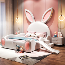 Children's bed girl ins net red pink princess rabbit bed 1 5 with guardrail slide solid wood bed net red skin bed