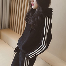 European station golden velvet casual sportswear set female Korean loose size plus velvet hoodie two-piece tide
