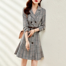 European station 2021 autumn new check dress female waist slim temperament slim commute A dress dress dress